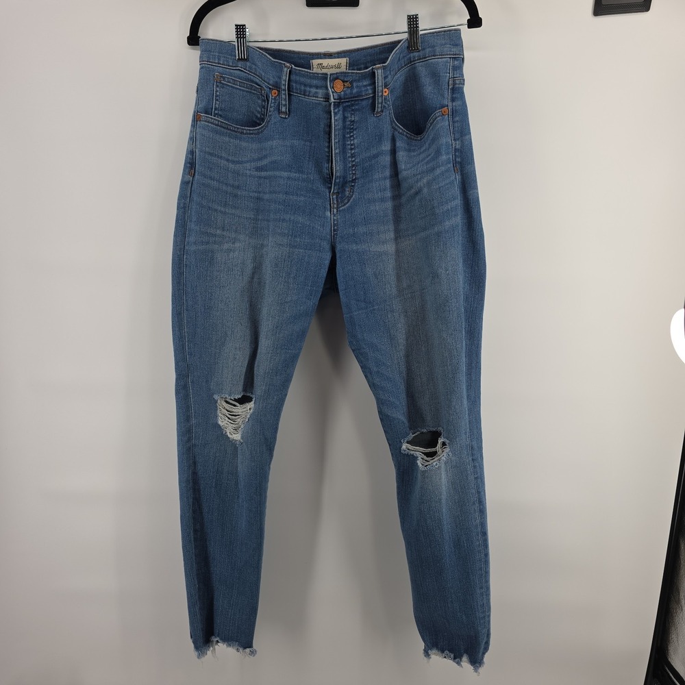 Madewell Womens High Rise 9" Skinny Blue Jeans Size 31 Holes, Salvage Hem EUC